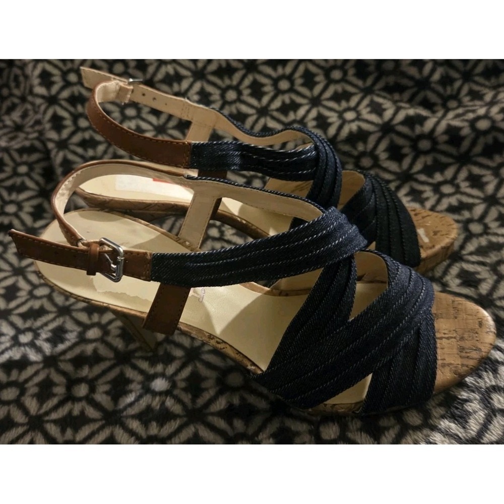 Unisa Women's Denim Cork Slingback Heels Sandals Size 8.5M Crisscross Straps Tan - Picture 1 of 7